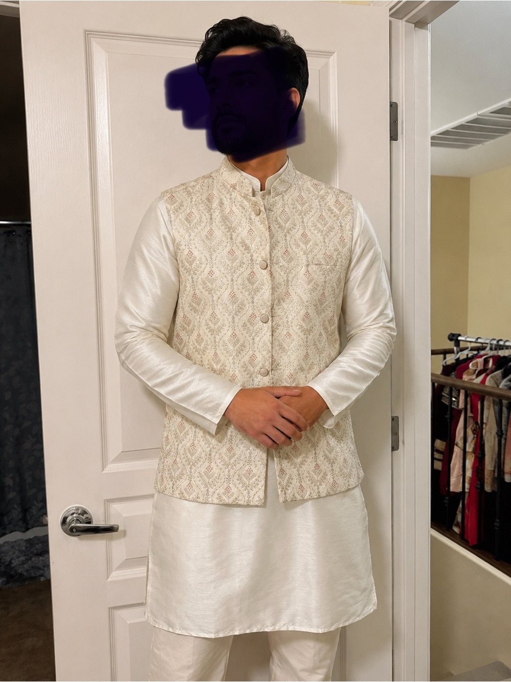 Men's Ivory Embroidered - Traditional kurta with vest